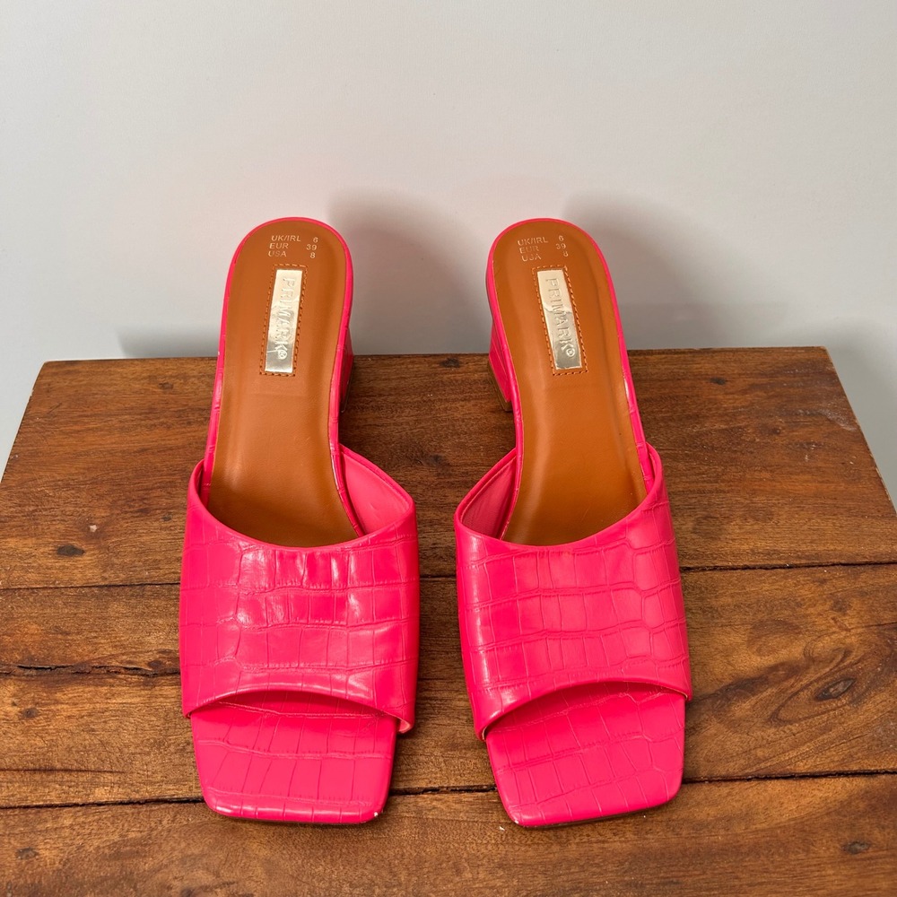Primark Womens Dark Pink Croc Embossed Square Toe Block Heel Mules Size 8